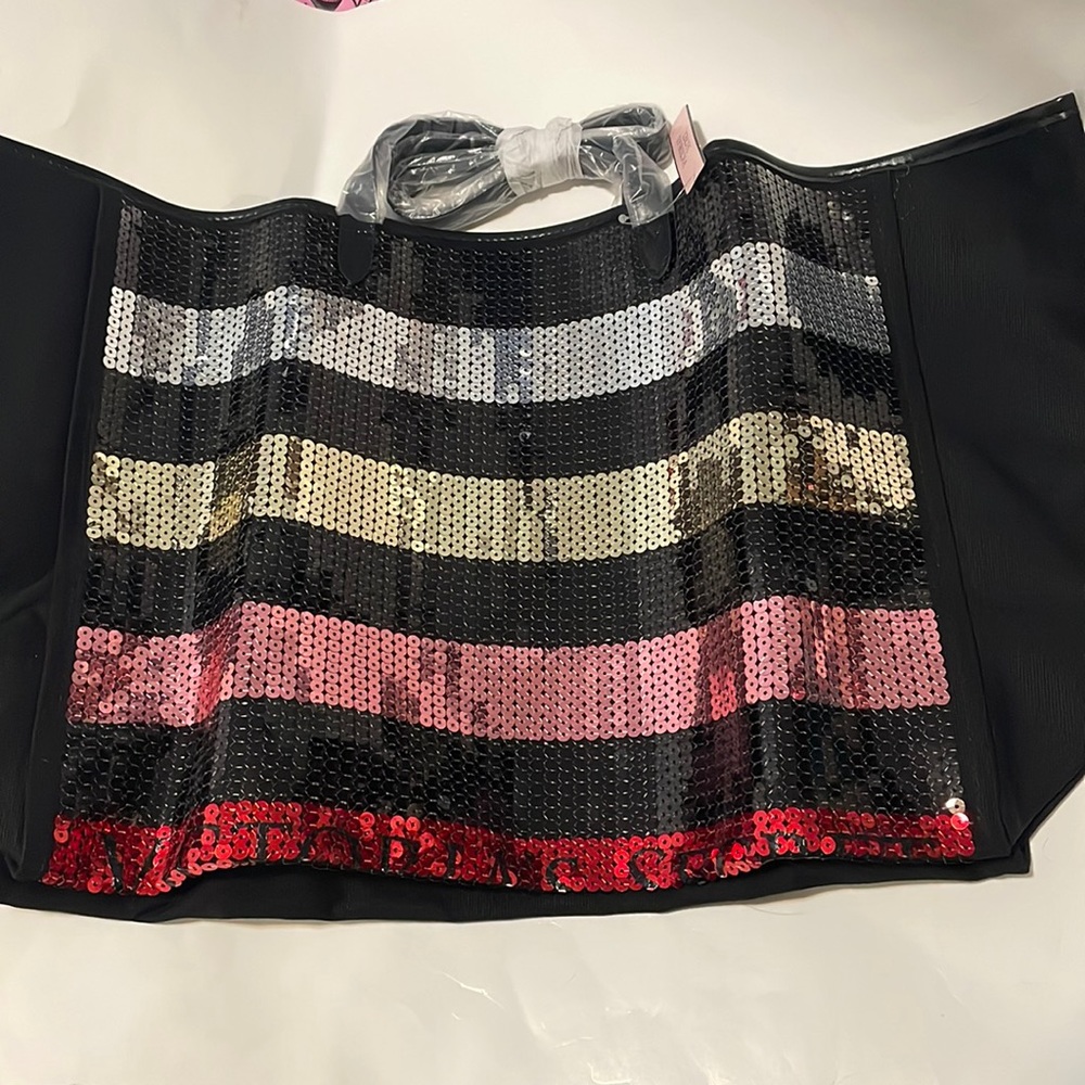NWT Victoria Secret Sequin Stripped Tote Bag And Clutch - Picture 1 of 7